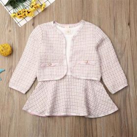 Baby Girl Contrast Design Long Sleeved Dress Combo Plaid Pattern Coat Chanel's Sets (Size/Age: 120 (5-7Y), Color: pink)