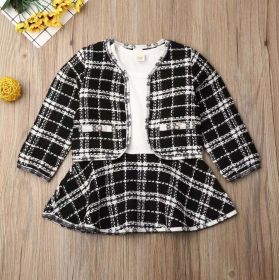 Baby Girl Contrast Design Long Sleeved Dress Combo Plaid Pattern Coat Chanel's Sets (Size/Age: 120 (5-7Y), Color: black)