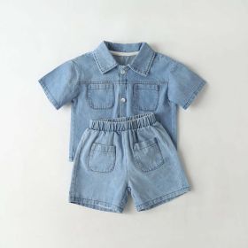 Baby Solid Color Butoon Front Denim Shirt Combo Shorts Sets In Summer (Size/Age: 100 (2-3Y), Color: Light Blue)