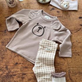 Baby Cute Bear Pattern Shirt Combo Plaid Pattern Pants Sets Home Clothes (Size/Age: 90 (12-24M), Color: brown)