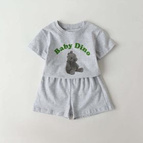 Baby Cartoon Animal & Slogan Pattern Short Sleeved Tee Combo Solid Shorts Sets (Size/Age: 100 (2-3Y), Color: GREY)