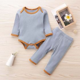 Baby Ribbed Knitted Pattern Solid Color Onesies Combo Trousers Sets Pajamas (Size/Age: 73 (6-9M), Color: Blue)