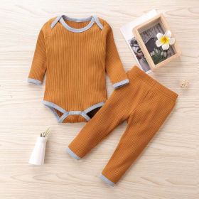 Baby Ribbed Knitted Pattern Solid Color Onesies Combo Trousers Sets Pajamas (Size/Age: 80 (9-12M), Color: brown)