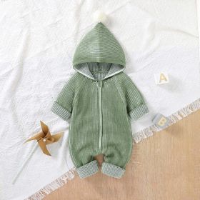 Baby Solid Color Zipper Front Design Hooded Knitted Romper (Size/Age: 80 (9-12M), Color: Green)