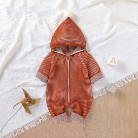 Baby Solid Color Zipper Front Design Hooded Knitted Romper (Size/Age: 66 (3-6M), Color: Orange)