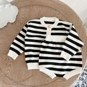 Baby Striped Pattern Simple Style Knit Cardigan With Triangle Short Sets (Size/Age: 80 (9-12M), Color: black)