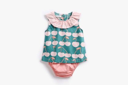 Baby Girl Cherry Print Ruffle Design O-Neck Tops Combo Shorts Sets In Summer (Size/Age: 100 (2-3Y), Color: pink)
