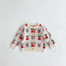 Baby Girl 1pcs Allover Cartoon Bear & Cherry Embroidered Graphic Bodysuit & Cardigan Knitted Sets (Size/Age: 80 (9-12M), Color: Red)