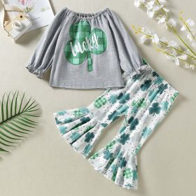 Baby Girl 1pcs 4-Leaves Grass Graphic Long Sleeve Tops Combo Allover Grass Print Ruffle Hem Pants Sets (Size/Age: 100 (2-3Y), Color: Green)