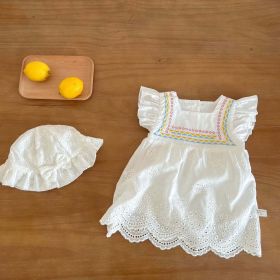 Baby Girls Embroidered Pattern Hollow Carved Design Dress With Hat In Summer (Size/Age: 90 (12-24M), Color: White)