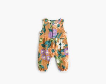 Baby Girl Floral Print Pattern Buttoned Design Sleeveless Rompers (Size/Age: 90 (12-24M), Color: Yellow)