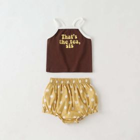 Baby Girl Slogan Pattern Sling Tops Combo Polka Dot Graphic Triangle Shorts 1 Pieces Sets (Size/Age: 73 (6-9M), Color: Coffee)