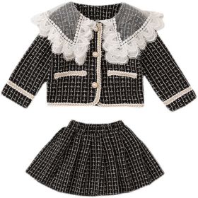 Baby Girl Plaid Pattern Mesh Patchwork Design Lapel Cardigan Combo Pleated Skirt Chanel's Style Sets (Size/Age: 120 (5-7Y), Color: black)