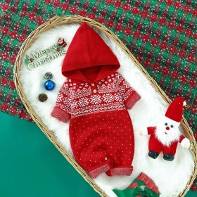 Baby Boy And Girl Christmas Print Pattern Knit Hooded Jumpsuits (Size/Age: 90 (12-24M), Color: Red)