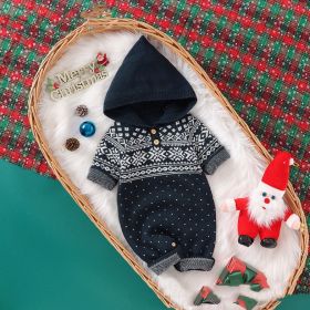 Baby Boy And Girl Christmas Print Pattern Knit Hooded Jumpsuits (Size/Age: 73 (6-9M), Color: Navy Blue (Dark Blue))