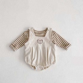 Baby Striped Shirt Combo Corduroy Fabric Cartoon Bear Embroidered Vest Bodysuit 2 Pieces Sets (Size/Age: 66 (3-6M), Color: beige)