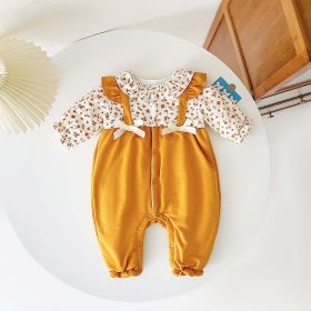 Baby Girl Ditsy Flower Pattern False 2 Pieces Design Thickened Thermal Jumpsuit (Size/Age: 90 (12-24M), Color: Yellow)