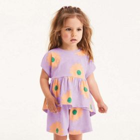 Baby Girl Flower Graphic Short Sleeve Summer Sets (Size/Age: 140 (8-10Y), Color: Purple)