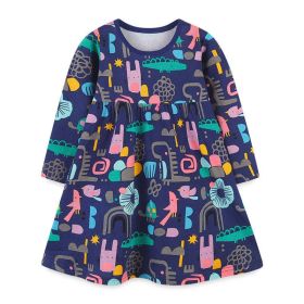 Baby Girl Print Pattern Long Sleeve Soft Cotton Princess Dress (Size/Age: 140 (8-10Y), Color: Navy Blue (Dark Blue))