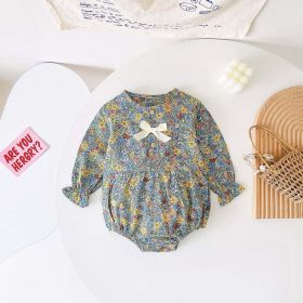 Baby Girl Ditsy Flower Pattern Bow Patched Design Korean Style Onesies (Size/Age: 66 (3-6M), Color: Green)