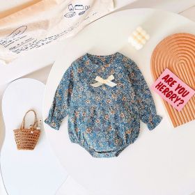 Baby Girl Ditsy Flower Pattern Bow Patched Design Korean Style Onesies (Size/Age: 73 (6-9M), Color: Blue)