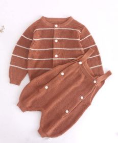 Baby Solid Color Knit Romper Combo Striped Graphic Cardigan Sets (Size/Age: 80 (9-12M), Color: Coffee)
