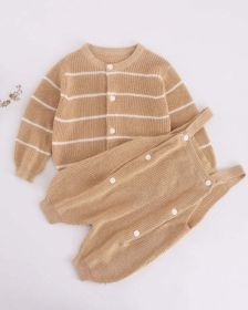 Baby Solid Color Knit Romper Combo Striped Graphic Cardigan Sets (Size/Age: 90 (12-24M), Color: Khaki)