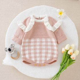 Baby Girl Checkerboard Pattern Lace Design Onesies In Autumn (Size/Age: 66 (3-6M), Color: pink)