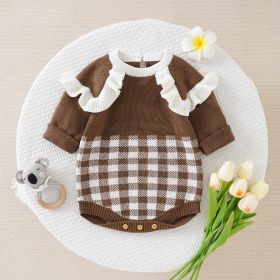 Baby Girl Checkerboard Pattern Lace Design Onesies In Autumn (Size/Age: 66 (3-6M), Color: brown)