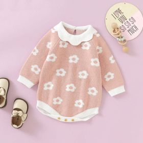 Baby Girl Floral Pattern Big Ruffle Collar Knit Cute Onesies (Size/Age: 59 (0-3M), Color: pink)