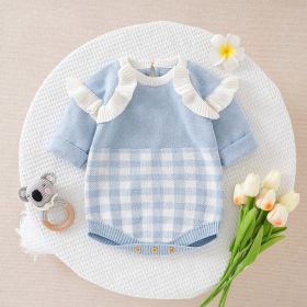 Baby Girl Checkerboard Pattern Lace Design Onesies In Autumn (Size/Age: 90 (12-24M), Color: Blue)