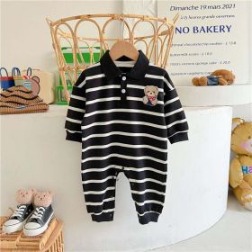 Baby Cartoon Bear Print & Striped Pattern Polo Neck Long Sleeve Romper (Size/Age: 66 (3-6M), Color: black)