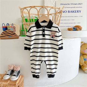 Baby Cartoon Bear Print & Striped Pattern Polo Neck Long Sleeve Romper (Size/Age: 90 (12-24M), Color: White)