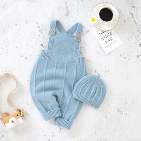 Baby Solid Color Knitted Sling Romper With Hat Sets (Size/Age: 66 (3-6M), Color: Blue)