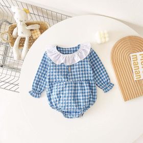 Baby Girl Plaid Pattern Ruffle Neck Design Triangle Sweet Onesies (Size/Age: 73 (6-9M), Color: Blue)