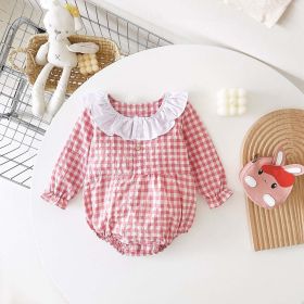 Baby Girl Plaid Pattern Ruffle Neck Design Triangle Sweet Onesies (Size/Age: 80 (9-12M), Color: pink)
