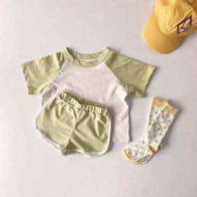 Baby Boys And Girls Color Patchwork Design Round Neck Short-Sleeved Top Combo Shorts Summer Cotton Sets (Size/Age: 80 (9-12M), Color: Green)