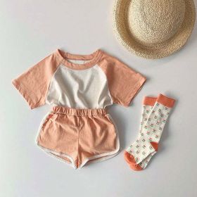 Baby Boys And Girls Color Patchwork Design Round Neck Short-Sleeved Top Combo Shorts Summer Cotton Sets (Size/Age: 80 (9-12M), Color: Orange)