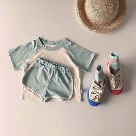 Baby Boys And Girls Color Patchwork Design Round Neck Short-Sleeved Top Combo Shorts Summer Cotton Sets (Size/Age: 90 (12-24M), Color: Blue)