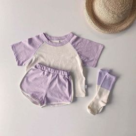 Baby Boys And Girls Color Patchwork Design Round Neck Short-Sleeved Top Combo Shorts Summer Cotton Sets (Size/Age: 73 (6-9M), Color: Purple)