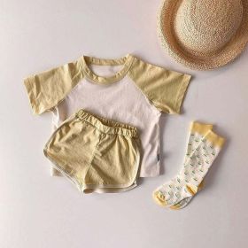 Baby Boys And Girls Color Patchwork Design Round Neck Short-Sleeved Top Combo Shorts Summer Cotton Sets (Size/Age: 80 (9-12M), Color: Yellow)