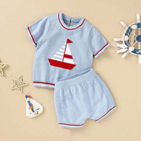 Baby Boy Embroidered Graphic Striped Neck & Sleeve Design Tee Combo Shorts Sailor Style Sets (Size/Age: 73 (6-9M), Color: Blue)