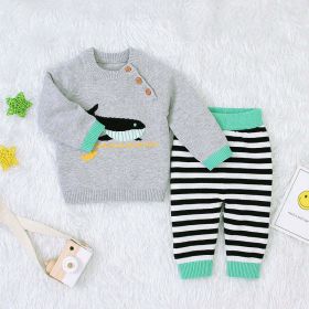 Baby Boy Cartoon Animal Embroidered Pattern Shoulder Button Design Pullover Sweater & Striped Trousers Sets (Size/Age: 80 (9-12M), Color: GREY)
