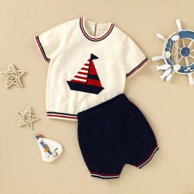 Baby Boy Embroidered Graphic Striped Neck & Sleeve Design Tee Combo Shorts Sailor Style Sets (Size/Age: 73 (6-9M), Color: White)