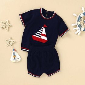 Baby Boy Embroidered Graphic Striped Neck & Sleeve Design Tee Combo Shorts Sailor Style Sets (Size/Age: 80 (9-12M), Color: black)