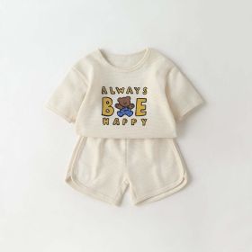 Baby Cartoon Bear & Slogan Pattern Waffle Fabric Tops Combo Solid Shorts 1-Piece Sets (Size/Age: 73 (6-9M), Color: beige)