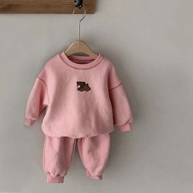 Baby Cartoon Bear Patched Graphic Hoodies Combo Solid Trousers Casual 2 Pieces Sets (Size/Age: 110 (3-5Y), Color: pink)