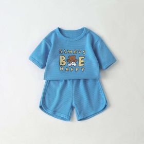Baby Cartoon Bear & Slogan Pattern Waffle Fabric Tops Combo Solid Shorts 1-Piece Sets (Size/Age: 90 (12-24M), Color: Blue)