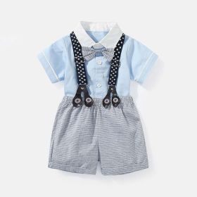 Baby Boy Solid Color Single Breasted Design Onesies With Bow Tie Combo Striped Overalls Shorts Sets (Size/Age: 59 (0-3M), Color: Blue)