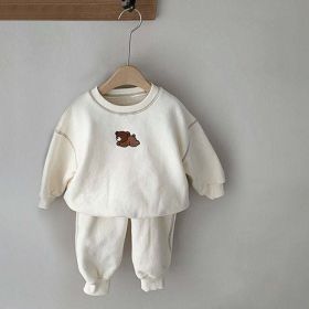 Baby Cartoon Bear Patched Graphic Hoodies Combo Solid Trousers Casual 2 Pieces Sets (Size/Age: 80 (9-12M), Color: beige)